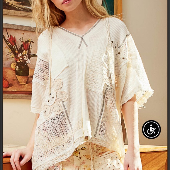 POL Tops - POL Cream Embroidered Knit Patchwork Hoodie